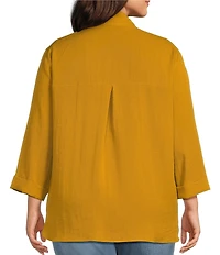 John Mark Plus Size Woven Wire Collar 3/4 Sleeve Hi-Low Hem Button-Front Shirt