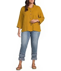 John Mark Plus Size Woven Wire Collar 3/4 Sleeve Hi-Low Hem Button-Front Shirt