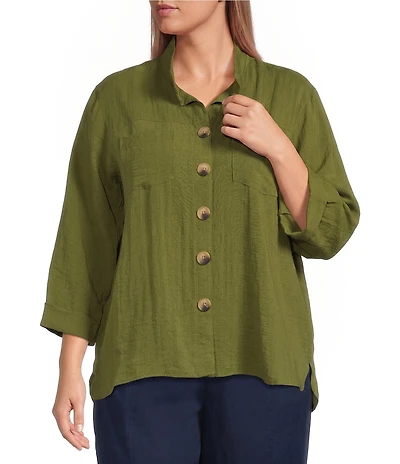 John Mark Plus Size Woven Wire Collar 3/4 Sleeve Hi-Low Hem Button-Front Shirt