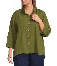 John Mark Plus Size Woven Wire Collar 3/4 Sleeve Hi-Low Hem Button-Front Shirt