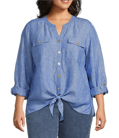 John Mark Plus Size Woven Y-Neck Long Roll-Tab Sleeve Tie-Front Button Front Top