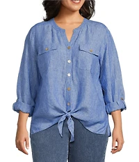 John Mark Plus Size Woven Y-Neck Long Roll-Tab Sleeve Tie-Front Button Front Top