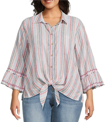 John Mark Plus Size Woven Yarn Dye Stripe Point Collar 3/4 Sleeve Zig-Zag Embroidered Ruffle Cuff Tie Front Shirt