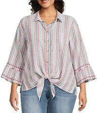 John Mark Plus Size Woven Yarn Dye Stripe Point Collar 3/4 Sleeve Zig-Zag Embroidered Ruffle Cuff Tie Front Shirt