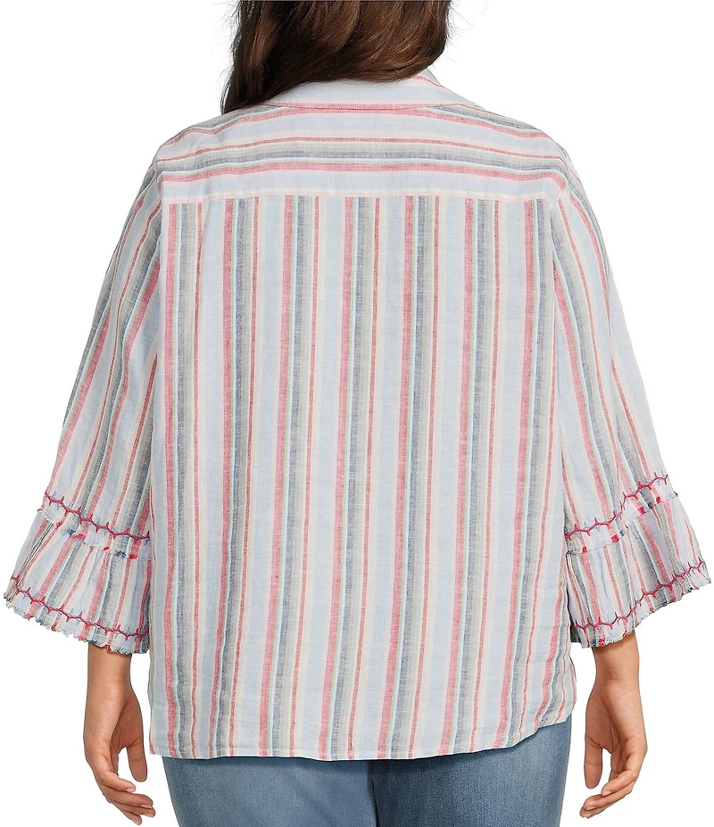 John Mark Plus Size Woven Yarn Dye Stripe Point Collar 3/4 Sleeve Zig-Zag Embroidered Ruffle Cuff Tie Front Shirt