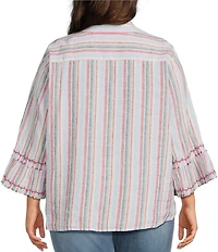 John Mark Plus Size Woven Yarn Dye Stripe Point Collar 3/4 Sleeve Zig-Zag Embroidered Ruffle Cuff Tie Front Shirt
