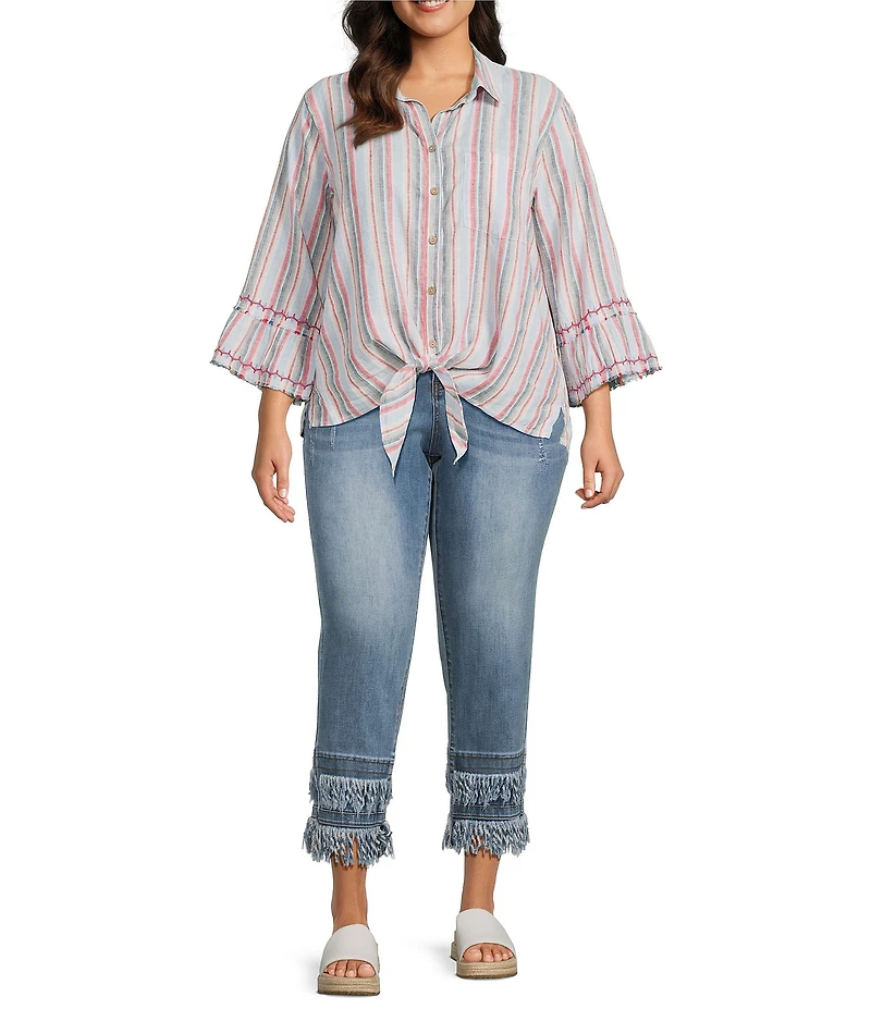 John Mark Plus Size Woven Yarn Dye Stripe Point Collar 3/4 Sleeve Zig-Zag Embroidered Ruffle Cuff Tie Front Shirt