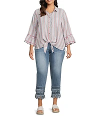 John Mark Plus Size Woven Yarn Dye Stripe Point Collar 3/4 Sleeve Zig-Zag Embroidered Ruffle Cuff Tie Front Shirt