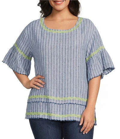 John Mark Plus Size Yarn-Dyed Stripe Embroidered Scoop Neck Short Sleeve Top