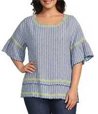 John Mark Plus Size Yarn-Dyed Stripe Embroidered Scoop Neck Short Sleeve Top