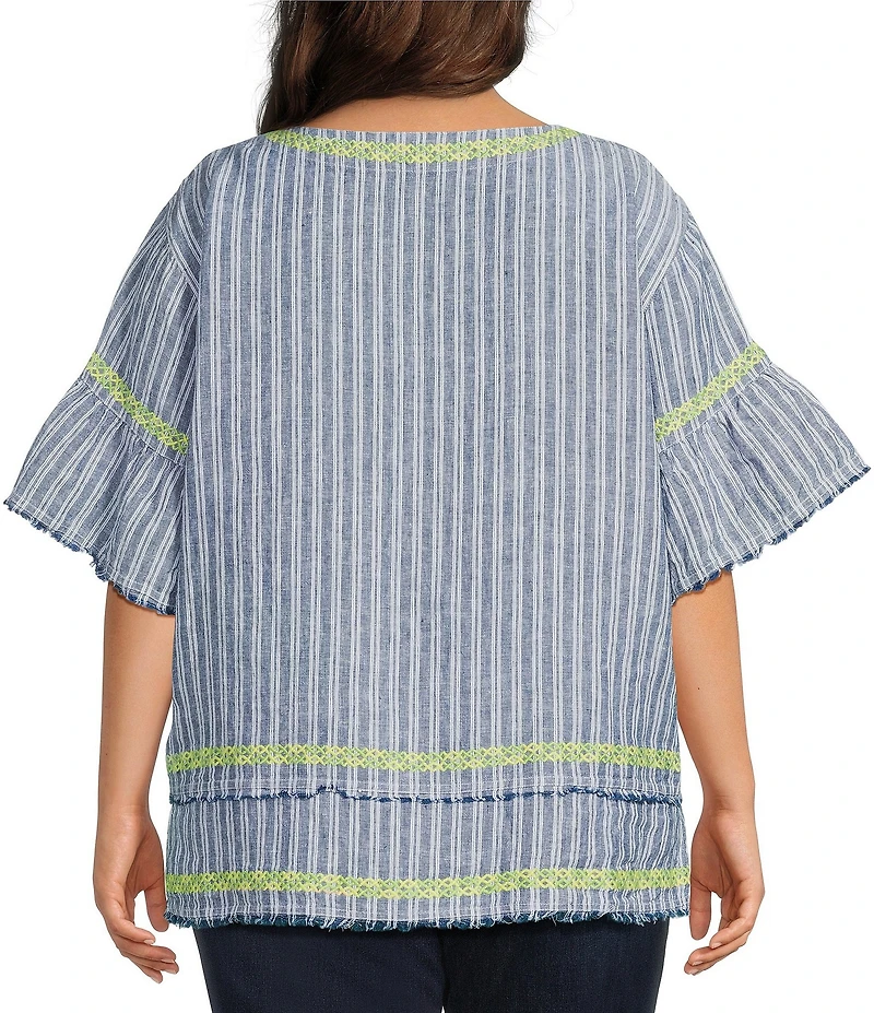 John Mark Plus Size Yarn-Dyed Stripe Embroidered Scoop Neck Short Sleeve Top