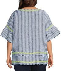 John Mark Plus Size Yarn-Dyed Stripe Embroidered Scoop Neck Short Sleeve Top