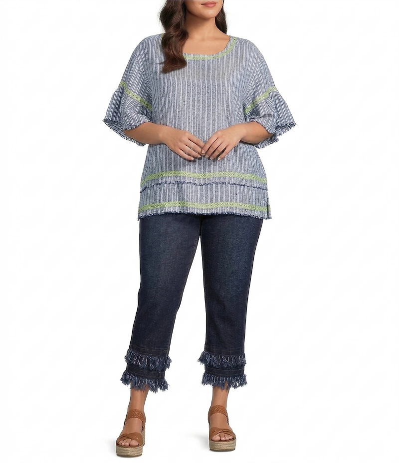 John Mark Plus Size Yarn-Dyed Stripe Embroidered Scoop Neck Short Sleeve Top