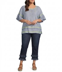 John Mark Plus Size Yarn-Dyed Stripe Embroidered Scoop Neck Short Sleeve Top