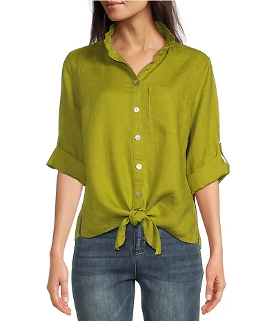 John Mark Point Collar 3/4 Sleeve Button Front Tie Top