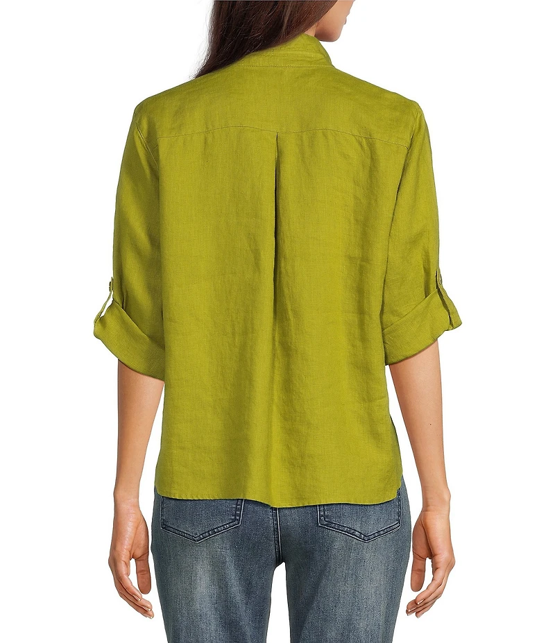 John Mark Point Collar 3/4 Sleeve Button Front Tie Top