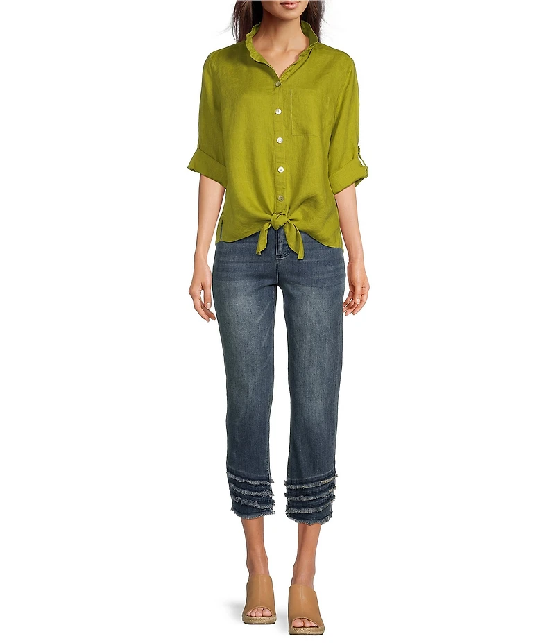 John Mark Point Collar 3/4 Sleeve Button Front Tie Top