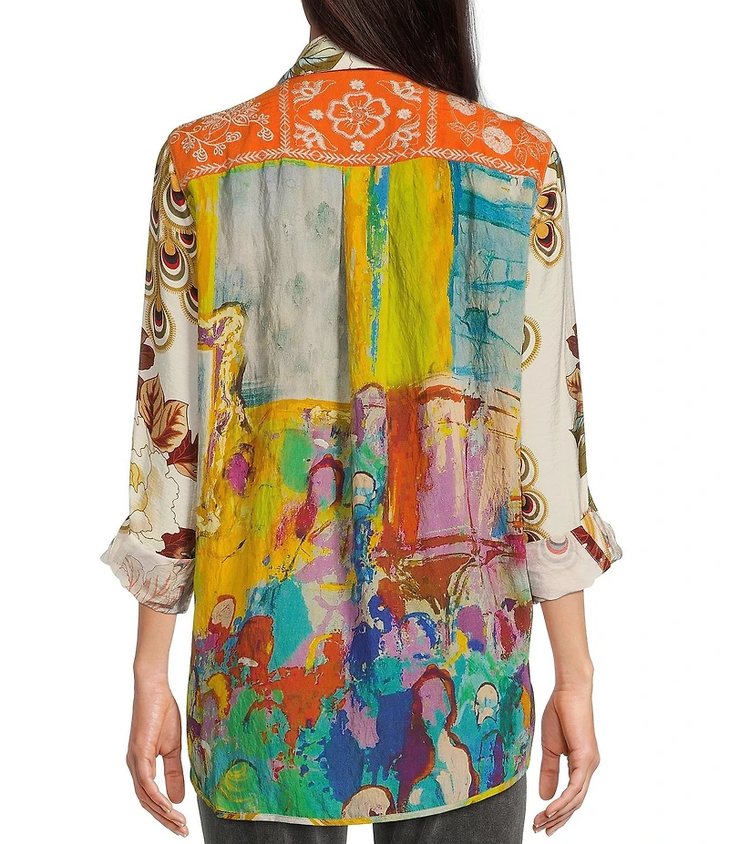 John Mark Point Collar Button Front Long Roll-Tab Sleeve Embroidered Panel Multi Print Tunic