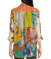 John Mark Point Collar Button Front Long Roll-Tab Sleeve Embroidered Panel Multi Print Tunic