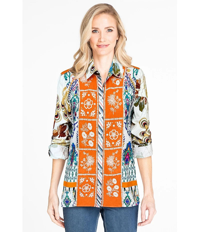 John Mark Point Collar Button Front Long Roll-Tab Sleeve Embroidered Panel Multi Print Tunic
