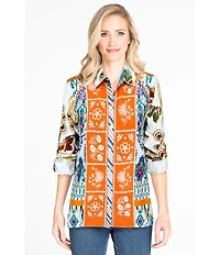 John Mark Point Collar Button Front Long Roll-Tab Sleeve Embroidered Panel Multi Print Tunic