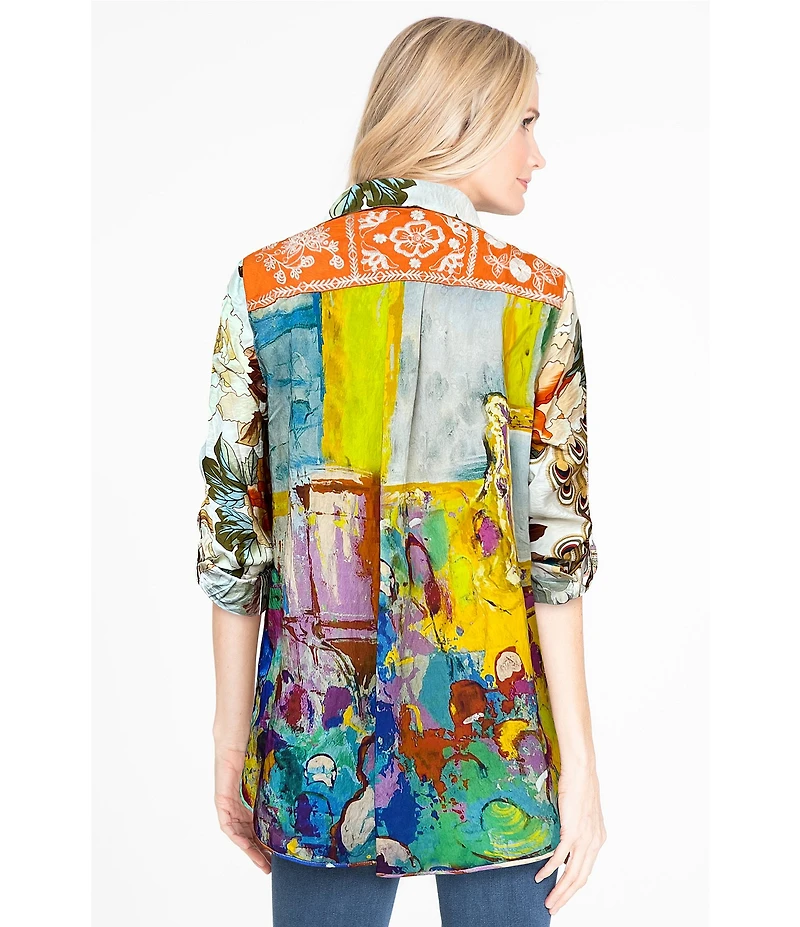 John Mark Point Collar Button Front Long Roll-Tab Sleeve Embroidered Panel Multi Print Tunic