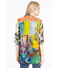 John Mark Point Collar Button Front Long Roll-Tab Sleeve Embroidered Panel Multi Print Tunic