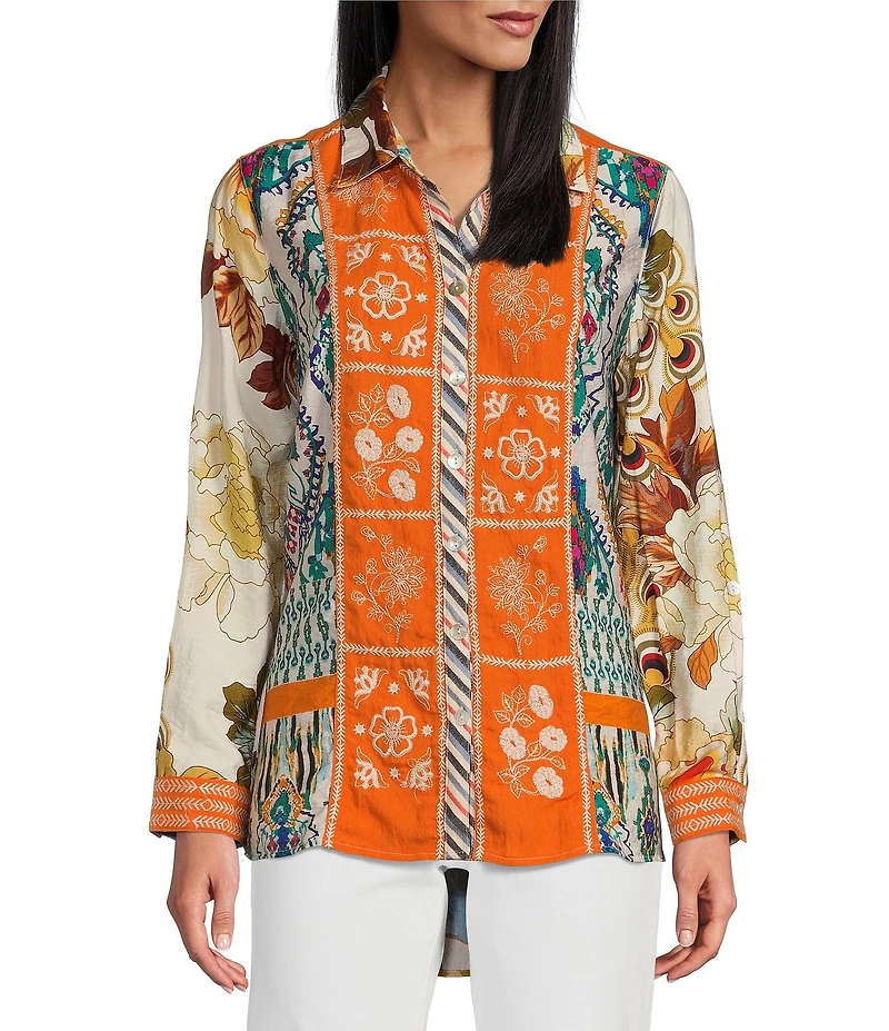 John Mark Point Collar Button Front Long Roll-Tab Sleeve Embroidered Panel Multi Print Tunic