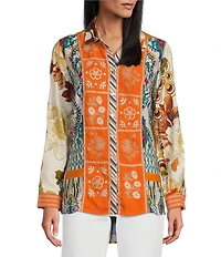 John Mark Point Collar Button Front Long Roll-Tab Sleeve Embroidered Panel Multi Print Tunic