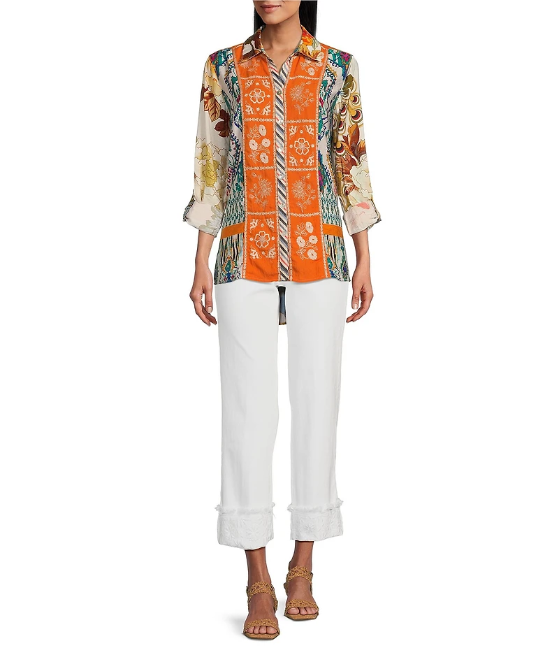 John Mark Point Collar Button Front Long Roll-Tab Sleeve Embroidered Panel Multi Print Tunic
