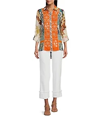 John Mark Point Collar Button Front Long Roll-Tab Sleeve Embroidered Panel Multi Print Tunic