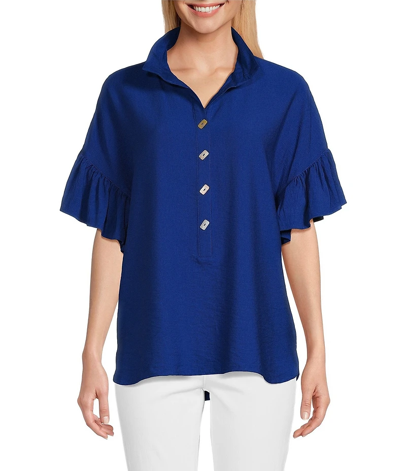 John Mark Point Collar Short Sleeve Button Front Top