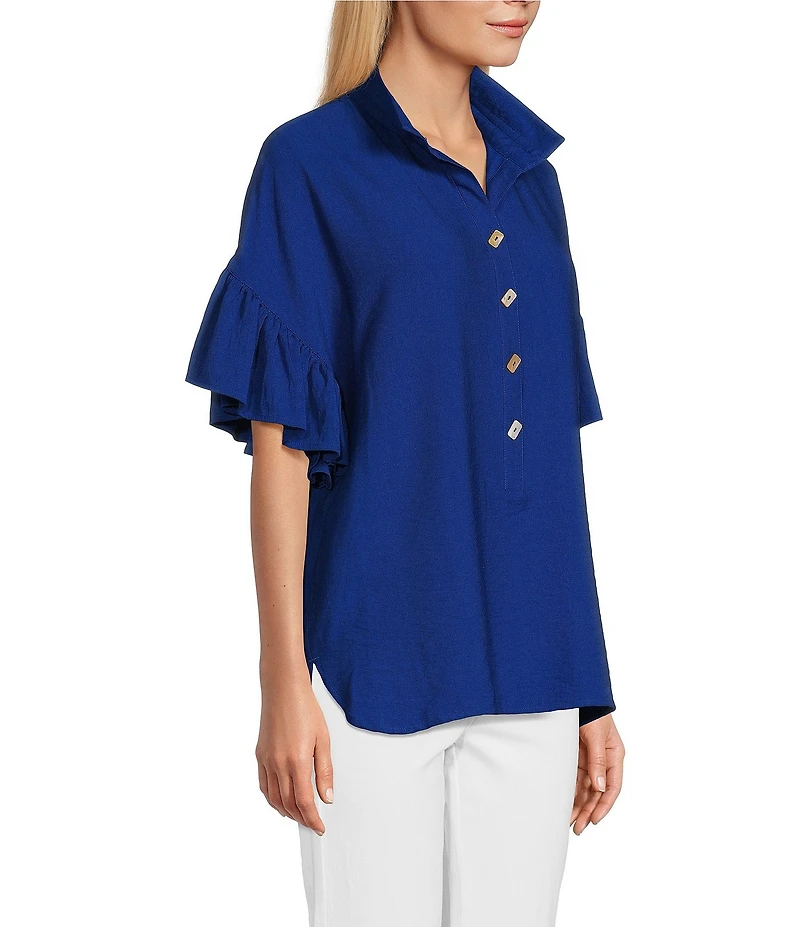 John Mark Point Collar Short Sleeve Button Front Top