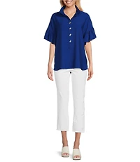 John Mark Point Collar Short Sleeve Button Front Top
