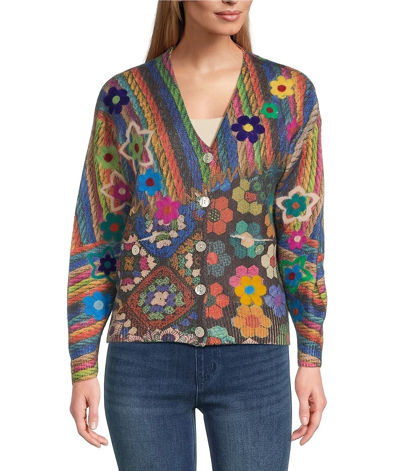 John Mark Printed Crochet All Over Floral Felting V-Neck Long Sleeve Button Front Cardigan