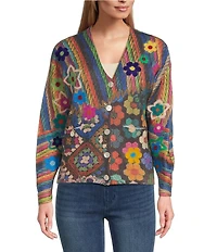 John Mark Printed Crochet All Over Floral Felting V-Neck Long Sleeve Button Front Cardigan