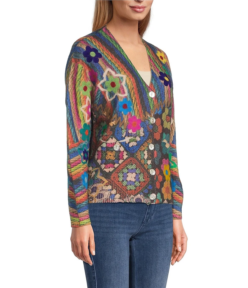 John Mark Printed Crochet All Over Floral Felting V-Neck Long Sleeve Button Front Cardigan