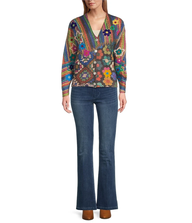 John Mark Printed Crochet All Over Floral Felting V-Neck Long Sleeve Button Front Cardigan