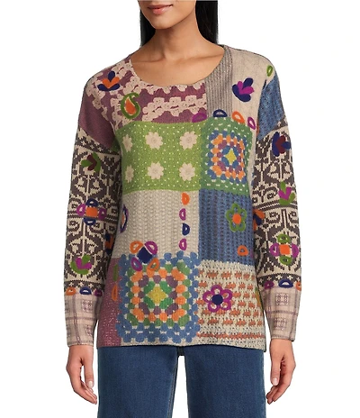 John Mark Printed Crochet Patch Floral Felting Crew Neck Long Sleeve Sweater