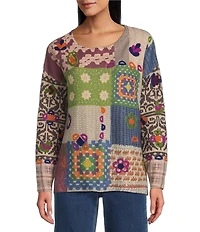 John Mark Printed Crochet Patch Floral Felting Crew Neck Long Sleeve Sweater
