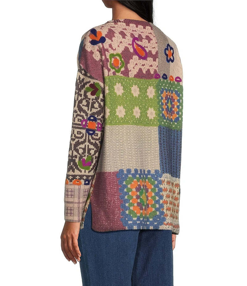 John Mark Printed Crochet Patch Floral Felting Crew Neck Long Sleeve Sweater