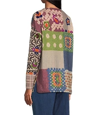 John Mark Printed Crochet Patch Floral Felting Crew Neck Long Sleeve Sweater