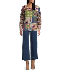 John Mark Printed Crochet Patch Floral Felting Crew Neck Long Sleeve Sweater