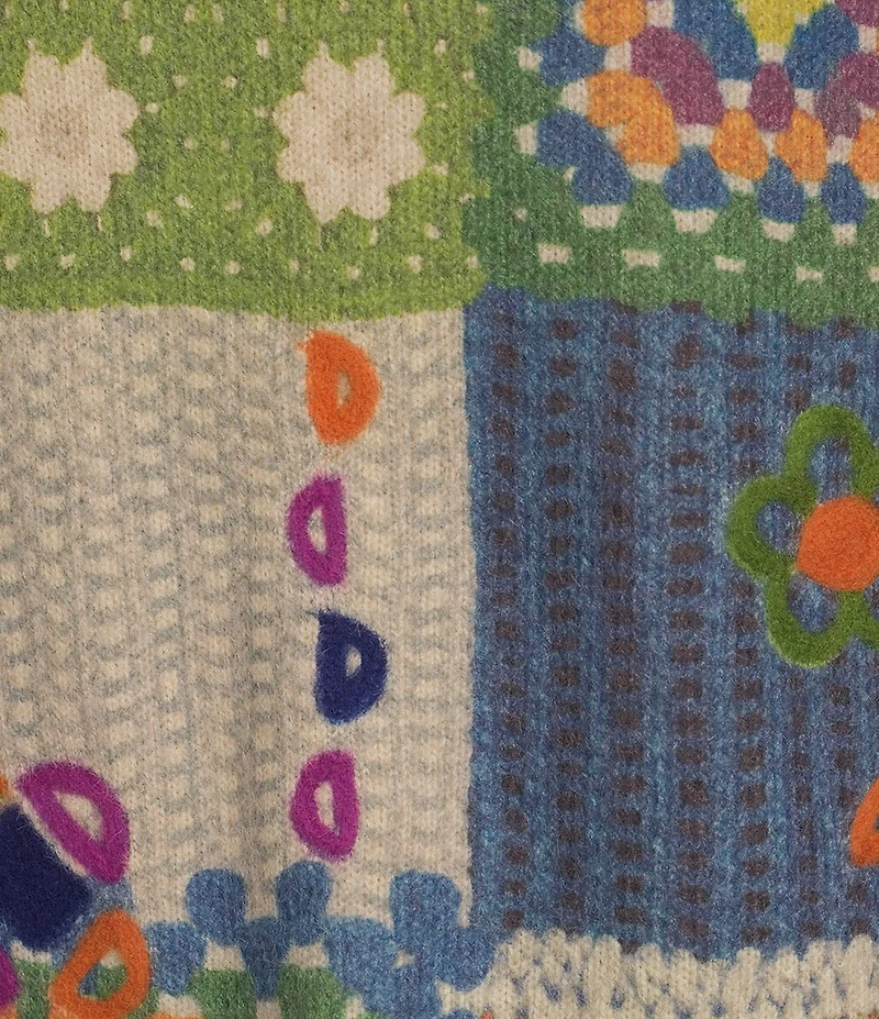 John Mark Printed Crochet Patch Floral Felting Crew Neck Long Sleeve Sweater