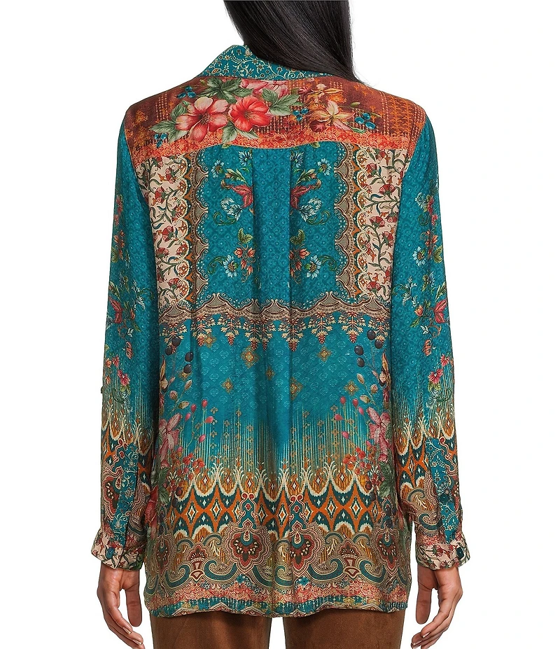 John Mark Printed Point Collar 3/4 Sleeve Button Down Tunic