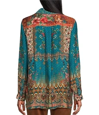 John Mark Printed Point Collar 3/4 Sleeve Button Down Tunic