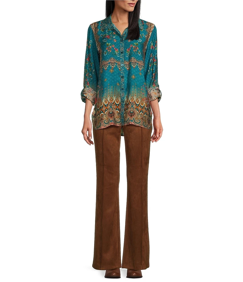 John Mark Printed Point Collar 3/4 Sleeve Button Down Tunic