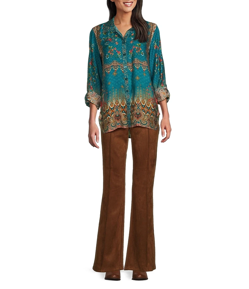John Mark Printed Point Collar 3/4 Sleeve Button Down Tunic