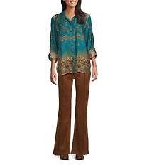John Mark Printed Point Collar 3/4 Sleeve Button Down Tunic