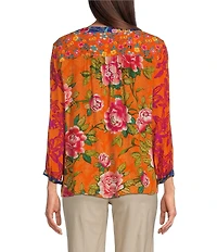 John Mark Printed Split V-Neck 3/4 Sleeve Button Front Blouse